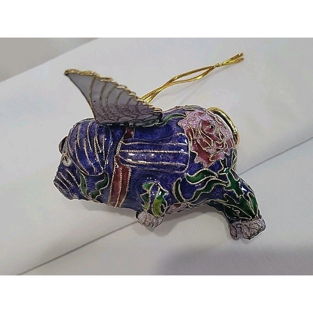 Value Arts Cloisonne Flying Pig Ornament Enamel Blue Purple Rose Original Box